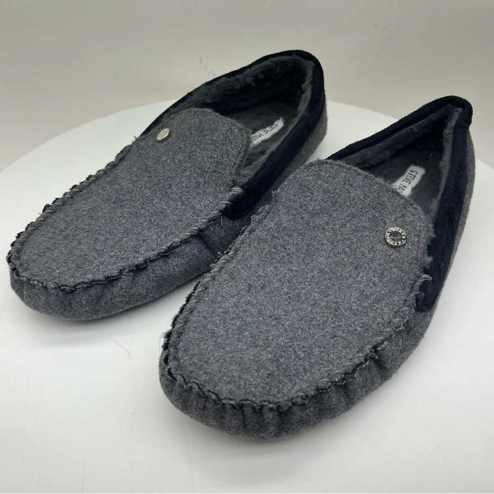 Steve Madden Loafers House Shoes Slippers Faux Fur Slip On Grey Lounge Comfy 10